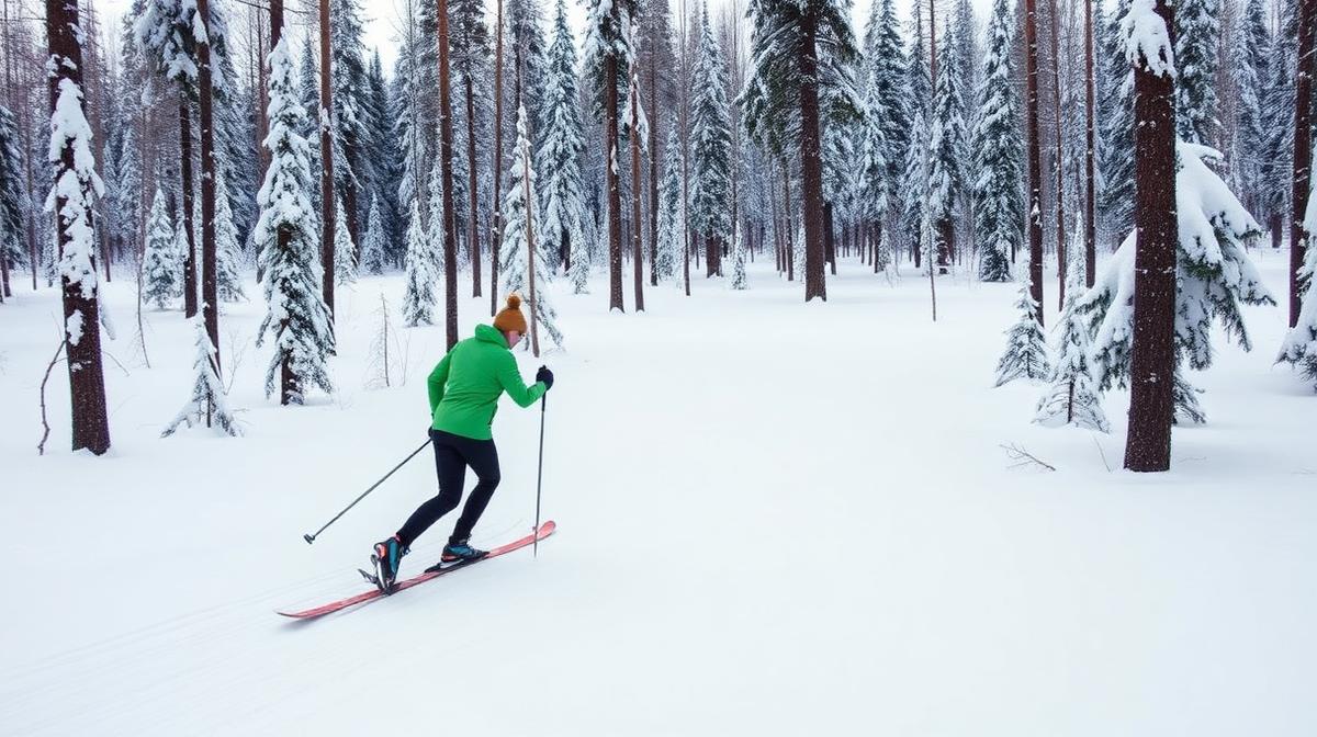 Cross-country skier gliding through a snowy pine forest