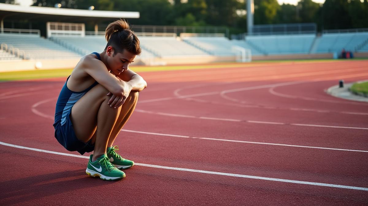 Runner crouching on a stadium track, resting between efforts