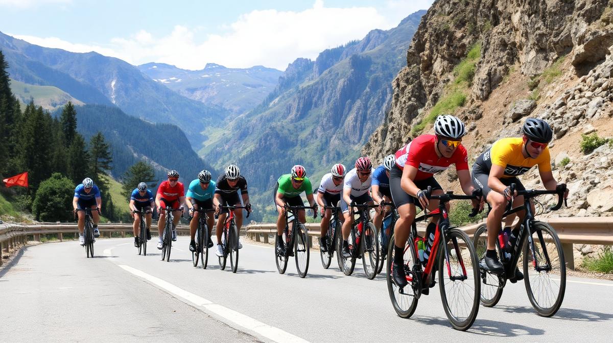 Group of road cyclists riding in a line on a mountain road