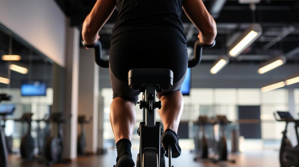 Cyclist riding a stationary bike in a gym