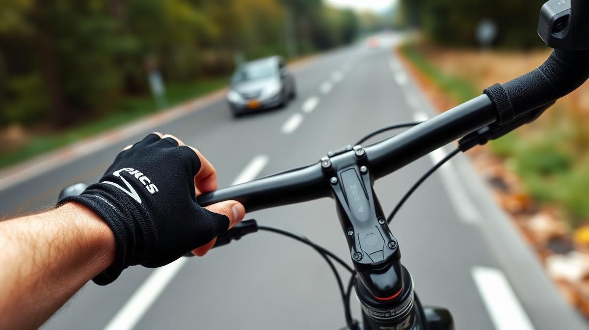 First-person view of a gloved hand on road bike handlebars on a tree-lined road