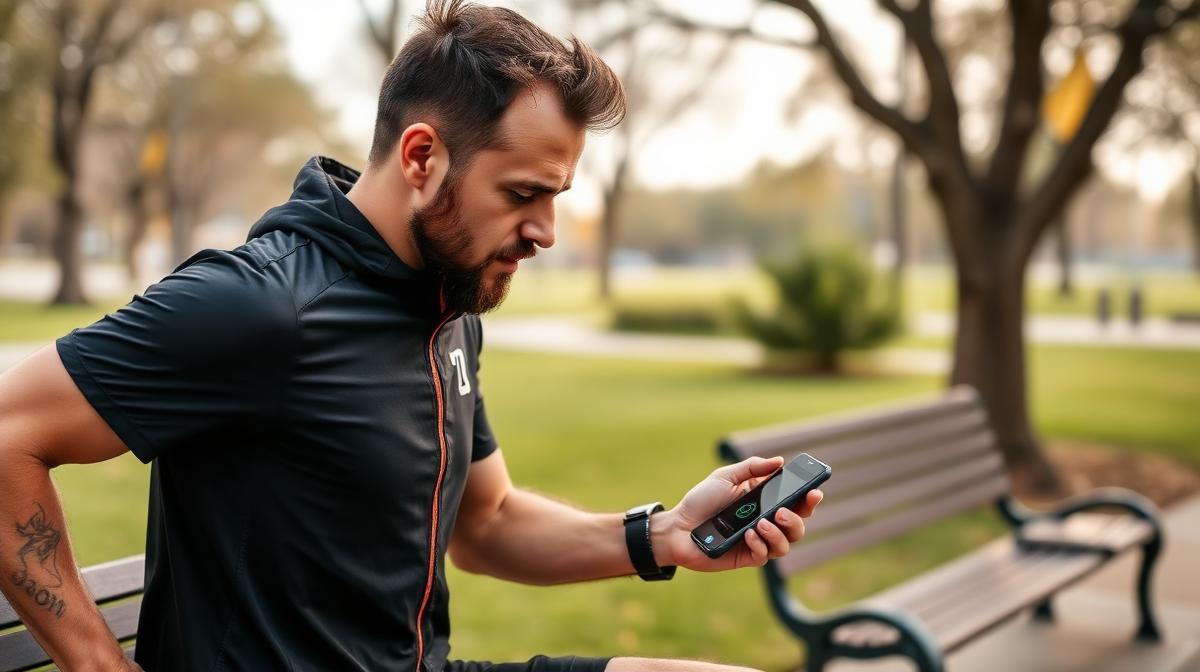 Man in a black running jacket sitting on a park bench checking his phone and wristwatch