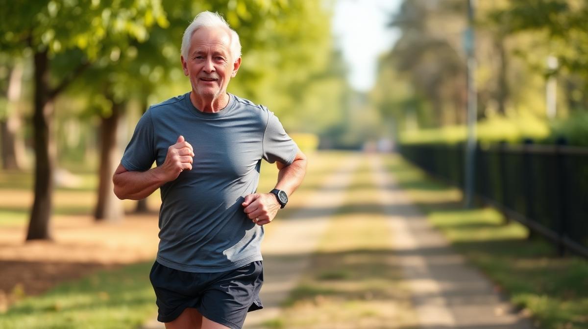 Older man with white hair running on a tree-lined path, wearing a watch