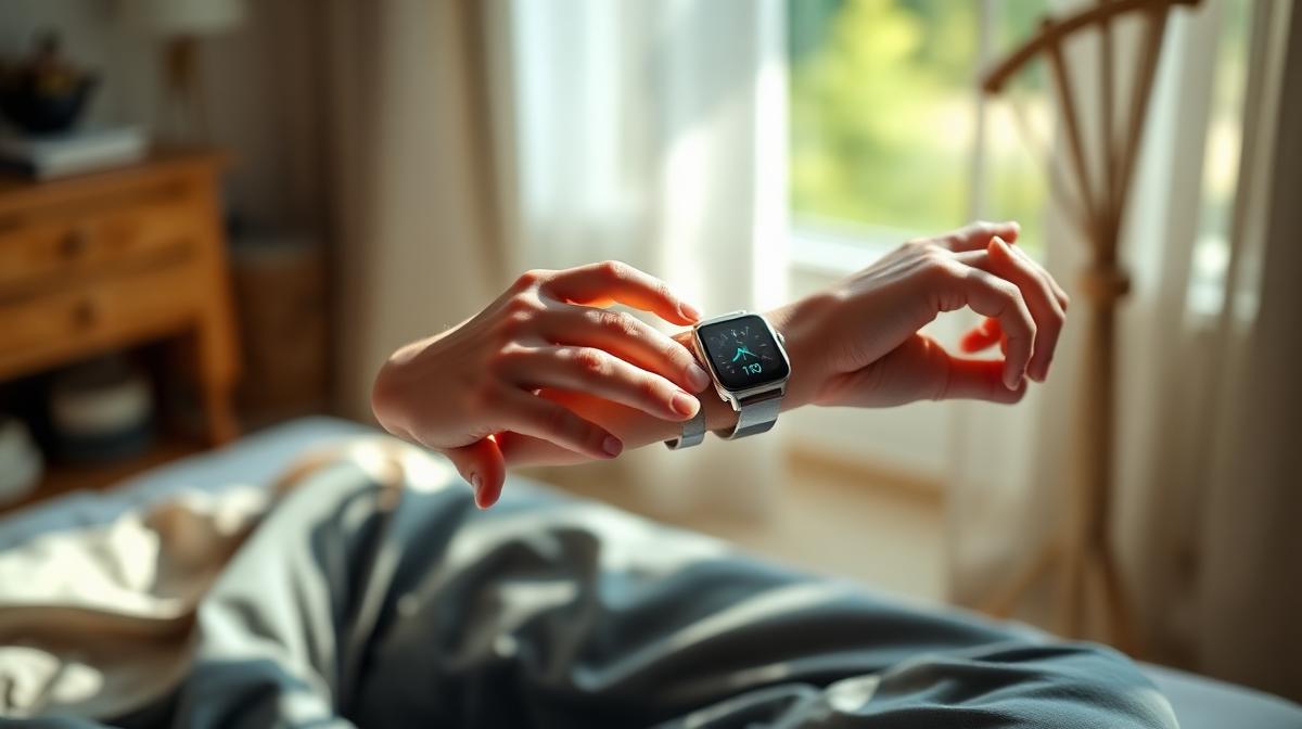 Close-up of hands adjusting a smartwatch on the wrist while resting in bed