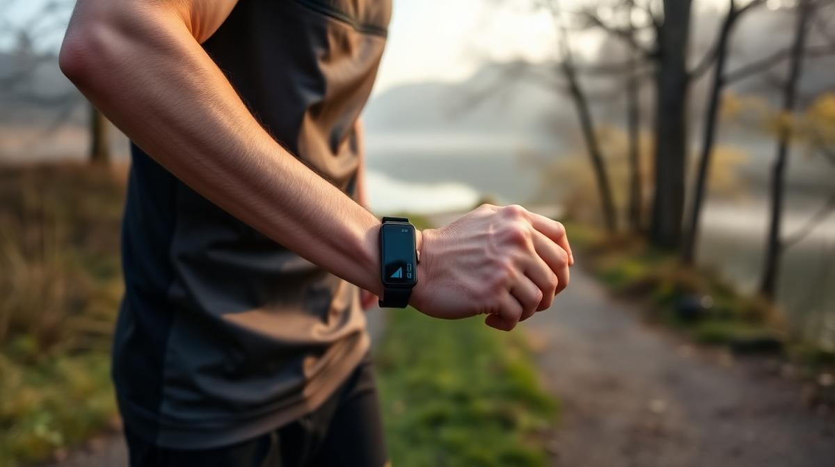 Close-up of a runner's arm wearing a black fitness watch on an outdoor trail